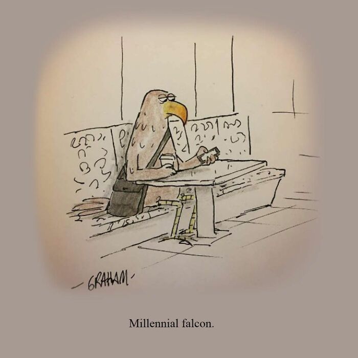 Millennial falcon as a bird using smartphone at a cafe in subtle humor comic