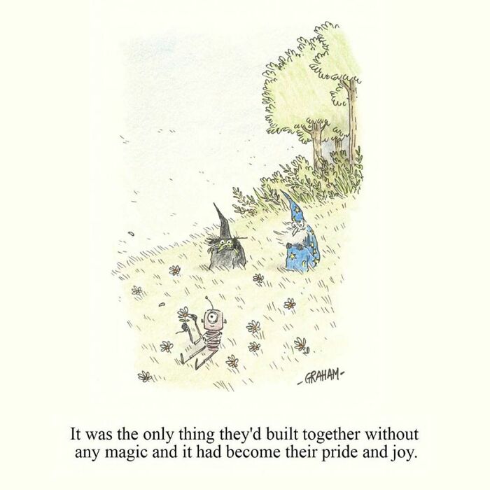 Subtle humor comic showing three magical creatures proud of something built without magic