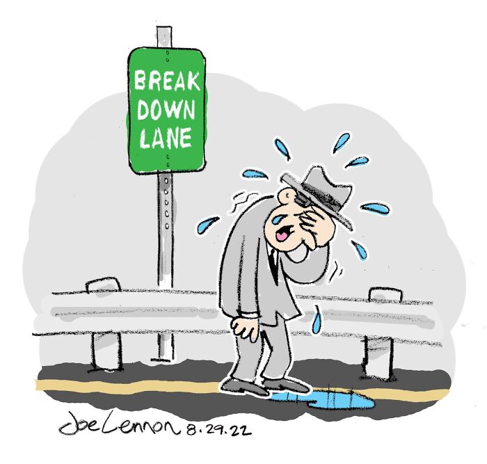 Cartoon of man crying next to breakdown lane road sign