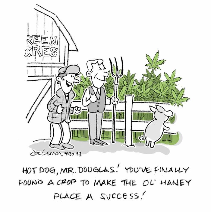 One-panel comic with two men and a pig in front of a crop of hemp plants