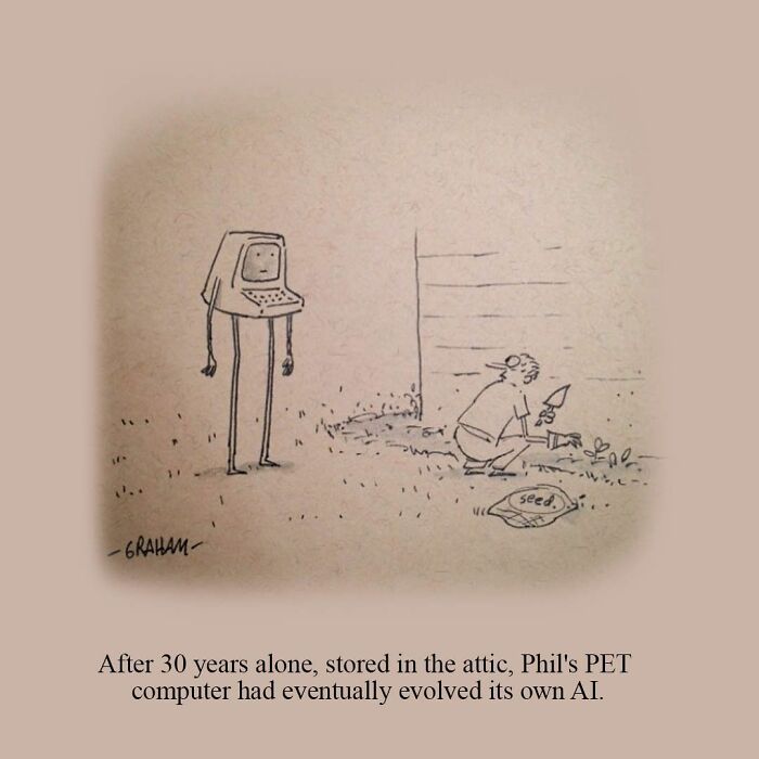 Funny comic of a vintage computer with AI watching a man plant seeds