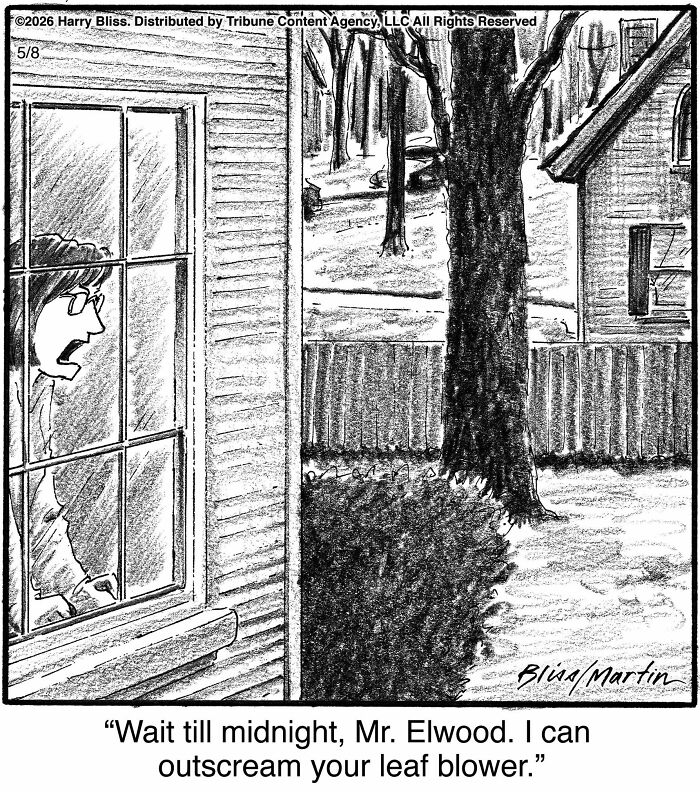 New Yorker Magazine cartoonist creates a clever one-panel comic about a loud leaf blower.