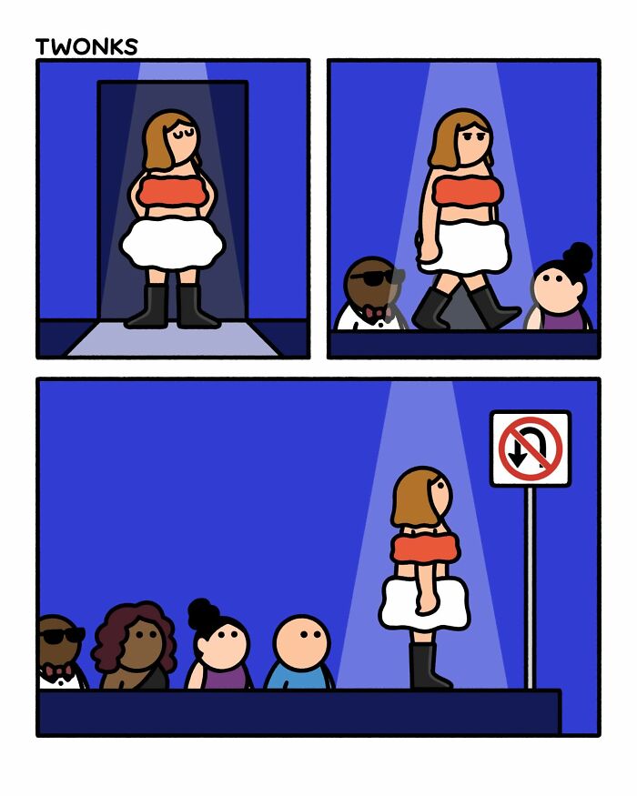 Funny comics by Steve Nelson: A model walks down a runway, encountering a no U-turn sign.