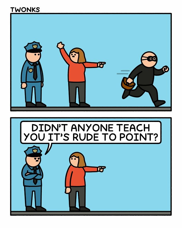 A funny comic by Steve Nelson with a police officer scolding a woman for pointing at a fleeing thief.