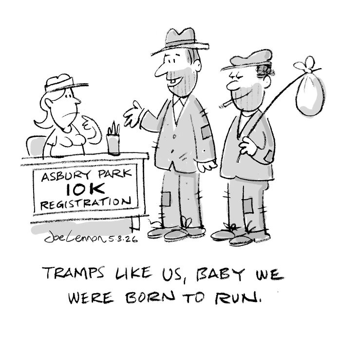 One-panel comic featuring two tramps registering for Asbury Park 10k race