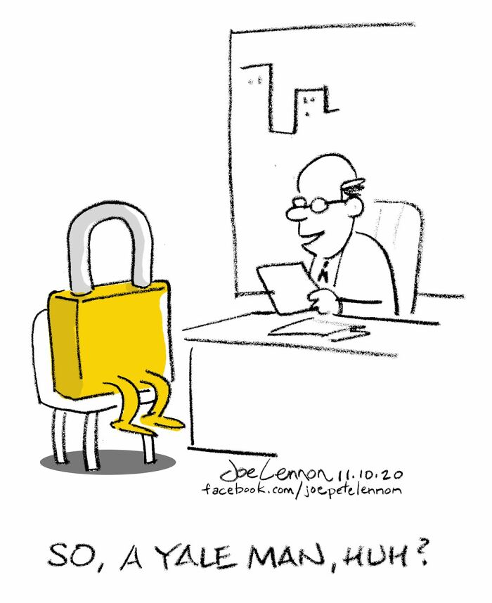 One-panel comic featuring a lock at a job interview with main SEO keyword one-panel comics