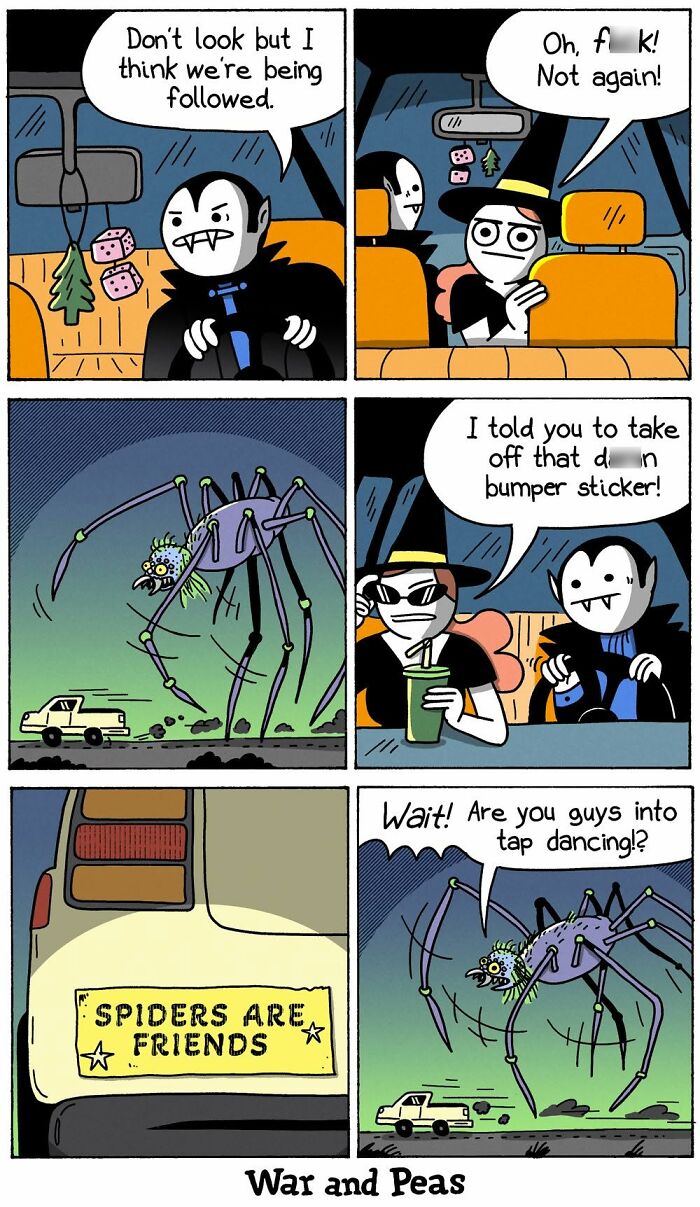 War and Peas comic of vampire and witch dealing with a follow-up spider creature