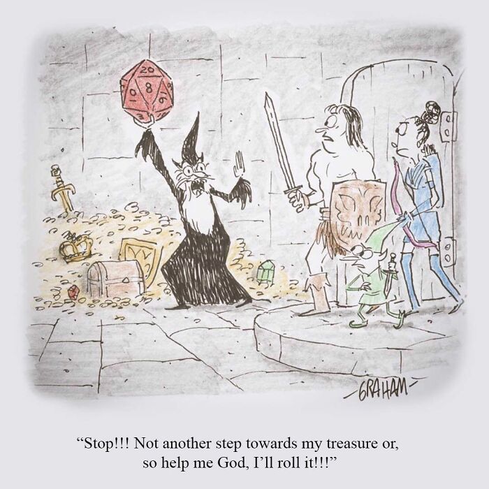 Subtle humor comic of a wizard threatening to roll a dice to protect treasure