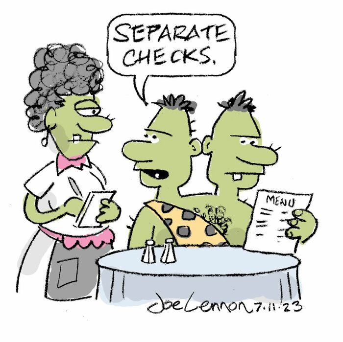 Caveperson comic ordering separate checks from a waitress