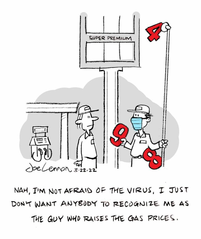 Comic about gas prices with masked and unmasked worker at gas station
