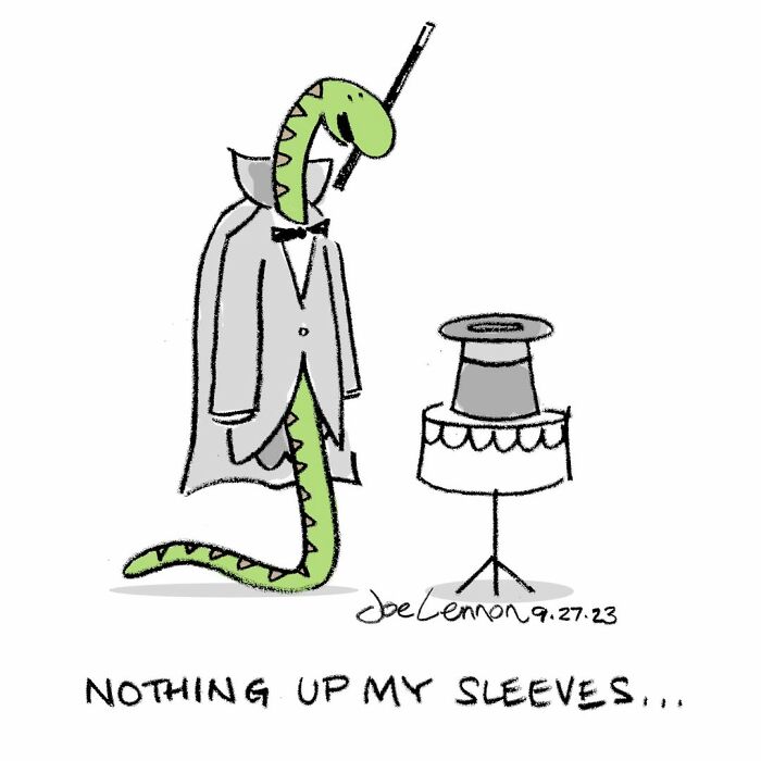 Snake magician comic with caption nothing up my sleeve one-panel comic