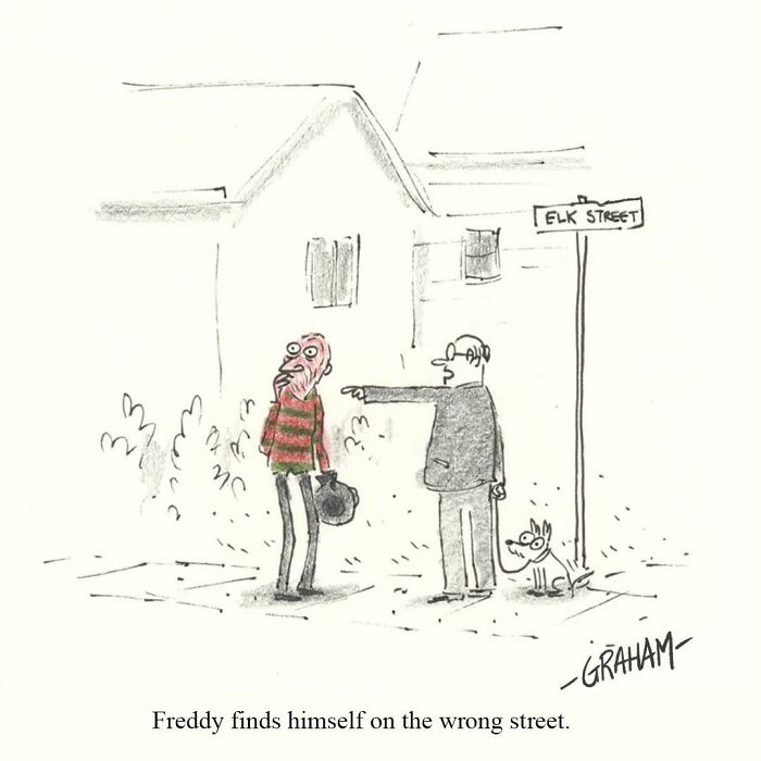 Comic of a man on Elk Street told he's on the wrong street by another man