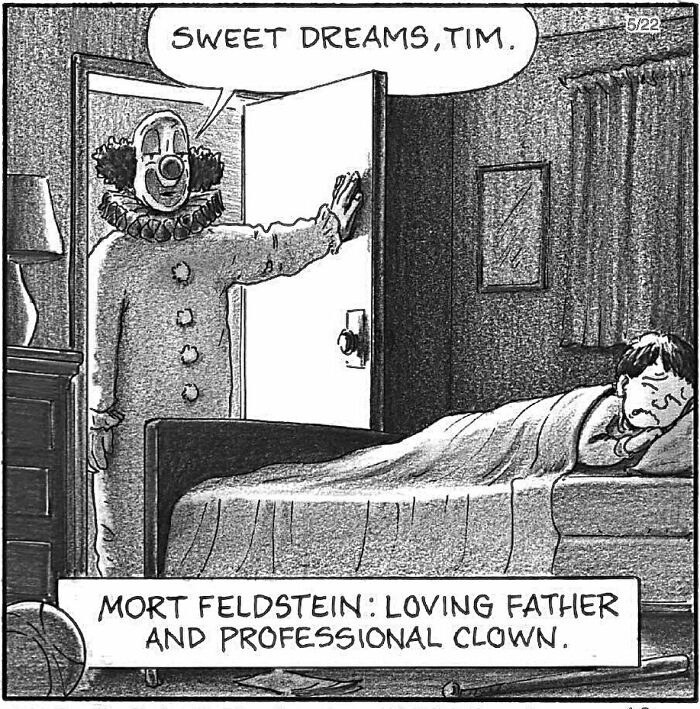 A New Yorker Magazine cartoonist's clever one-panel comic shows a clown saying goodnight to a child in bed.
