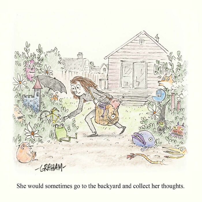 Woman collecting her thoughts depicted as creatures in backyard subtle humor comic