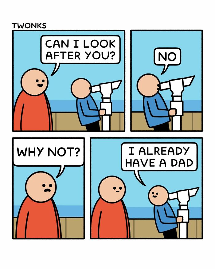 Funny comics by Steve Nelson: A child rejects an offer to be looked after, saying, I already have a dad.