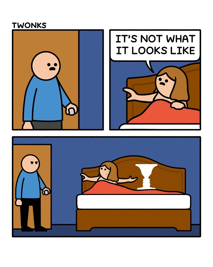A funny comic by Steve Nelson where a man catches a woman in bed, revealing a hidden face in the covers.