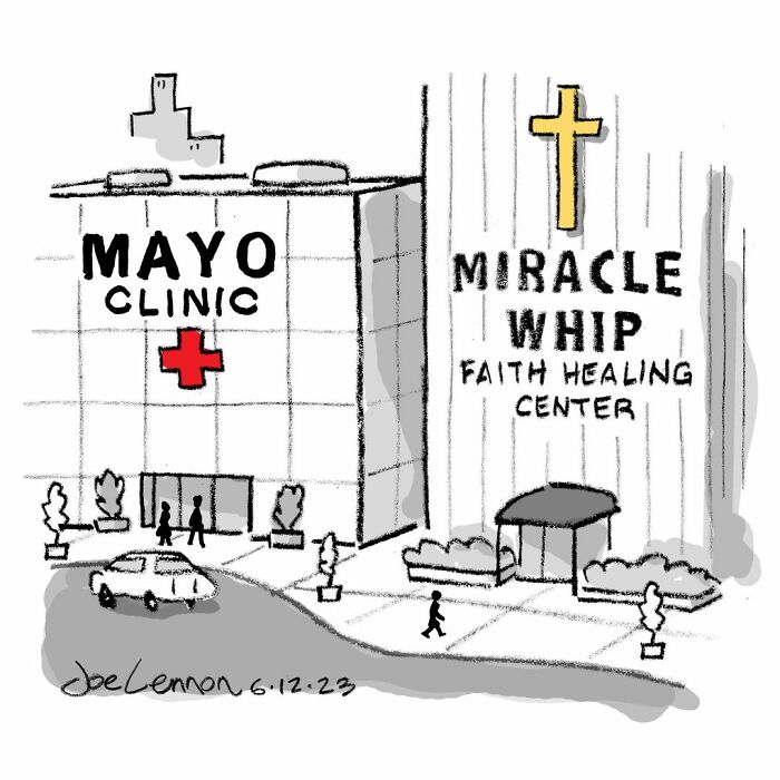 Comic showing Mayo Clinic next to Miracle Whip faith healing center