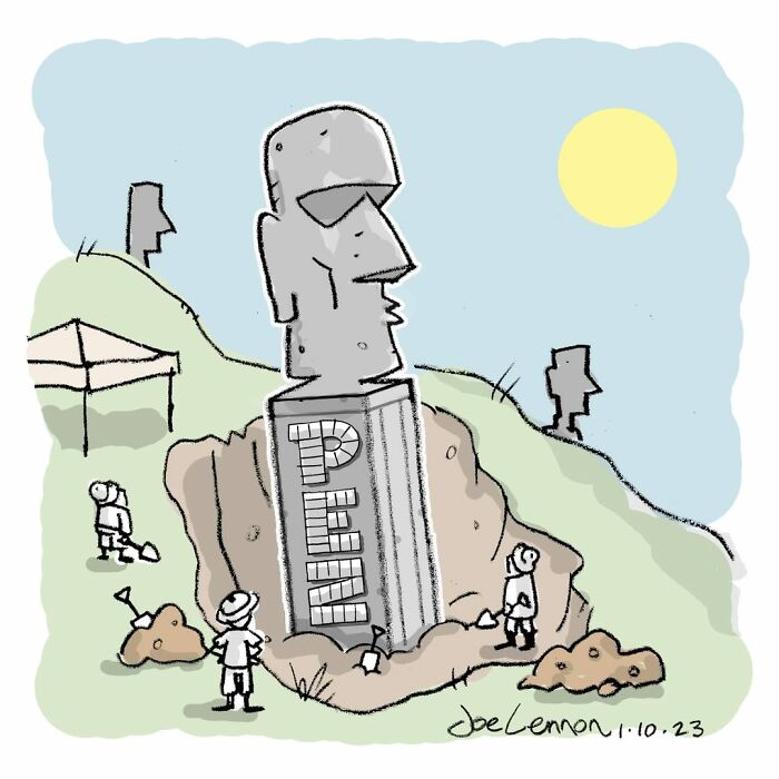 One-panel comics cartoon showing giant stone statue with PEN carved on it