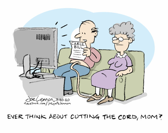 Comic of man asking mom about cutting the cord on high cable bill