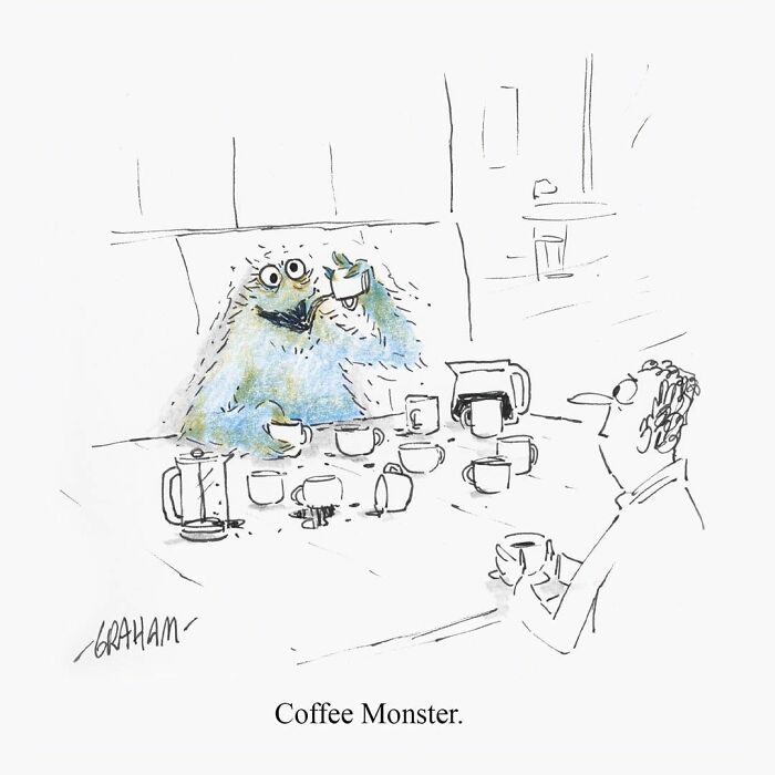 Subtle humor comic of a coffee monster drinking coffee at a table
