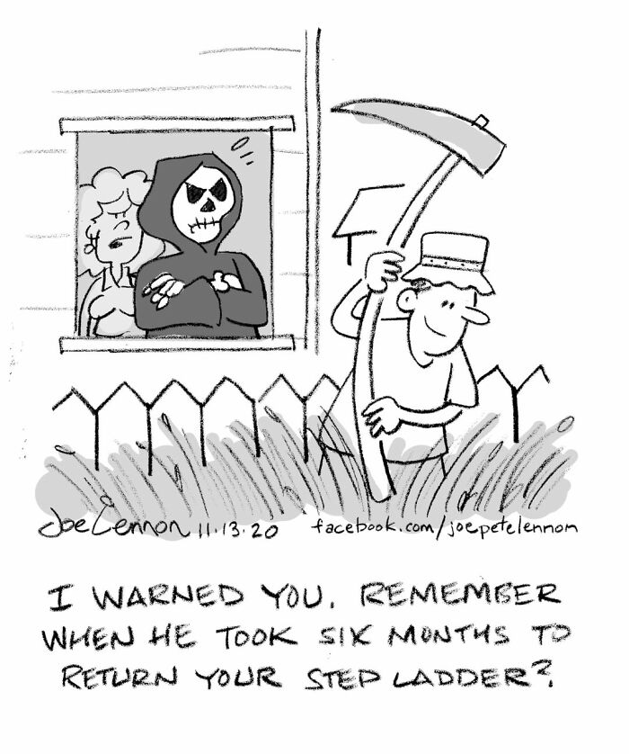 Comic with Grim Reaper watching man with scythe in garden