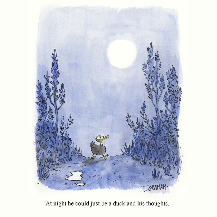 Subtle humor comic of a duck walking at night under the moonlight