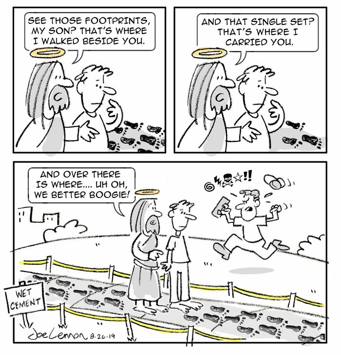 Comic showing footprints in wet cement with a warning to boogie