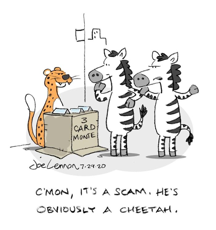 One-panel comic with a cheetah running a 3 card monte scam against two zebras