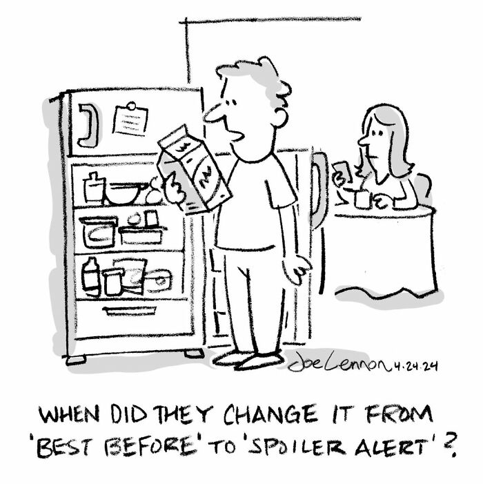 Comic showing man confused over 'best before' label changed to 'spoiler alert'