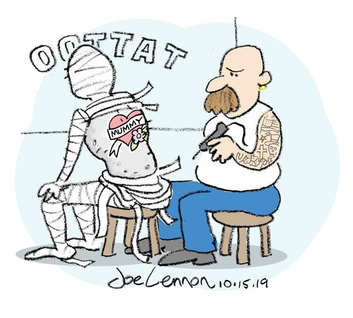 One-panel comic of a mummy getting a tattoo with a humorous life moment