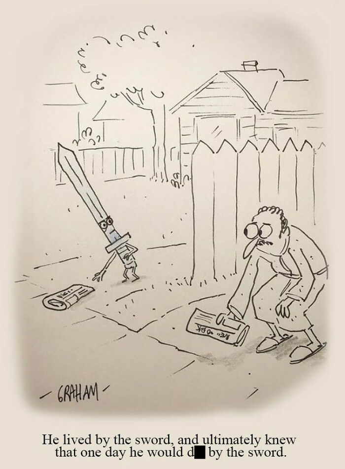 Comic showing a humorous take on living by the sword with a walking sword character and man in subtle humor style