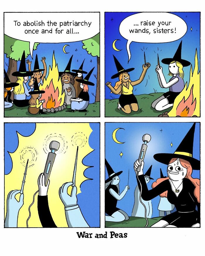 War and Peas comic with witches raising wands to abolish patriarchy.