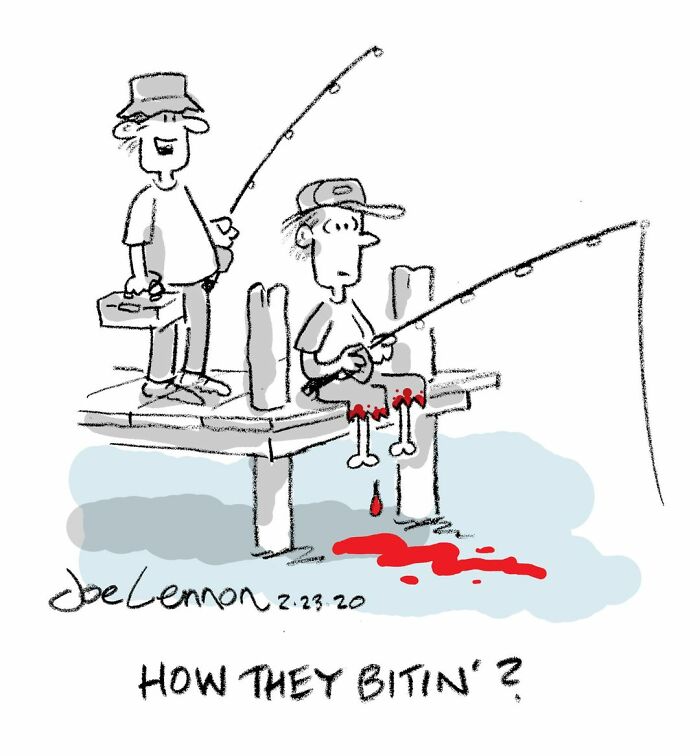 One-panel comic showing a man fishing with bleeding legs in a funny life moment