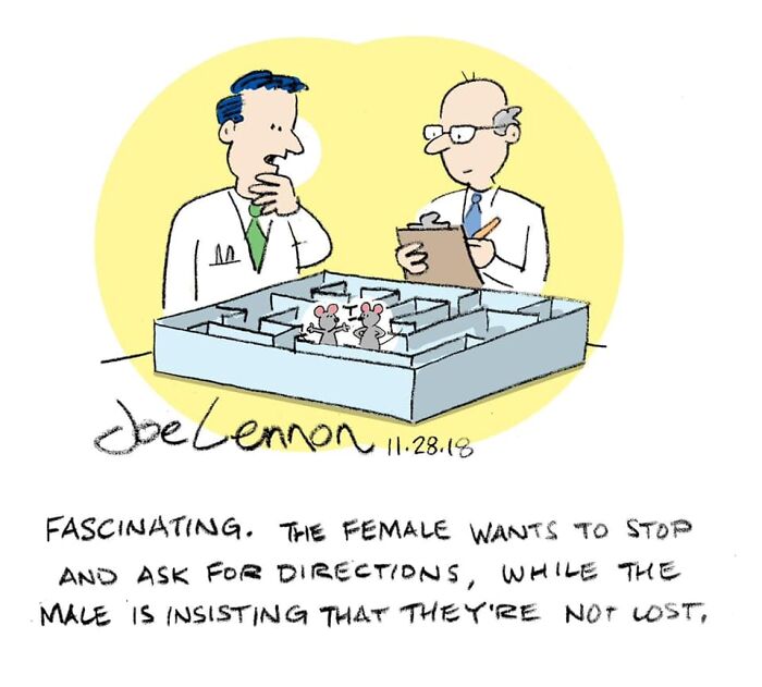 Comic of two scientists observing mice in a maze discussing directional behavior