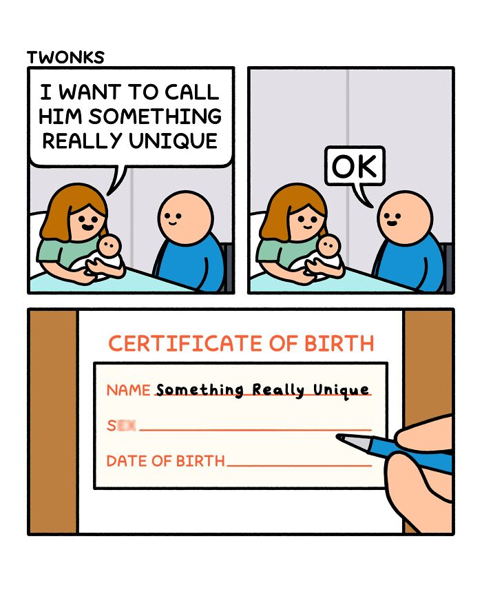 Absurd and funny comic by Steve Nelson showing a baby named 'Something Really Unique'.