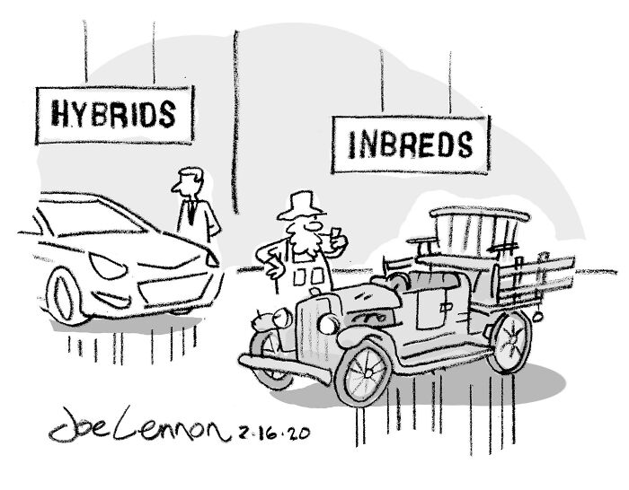 Humorous comic contrasting hybrid and inbred vehicles in a dealership