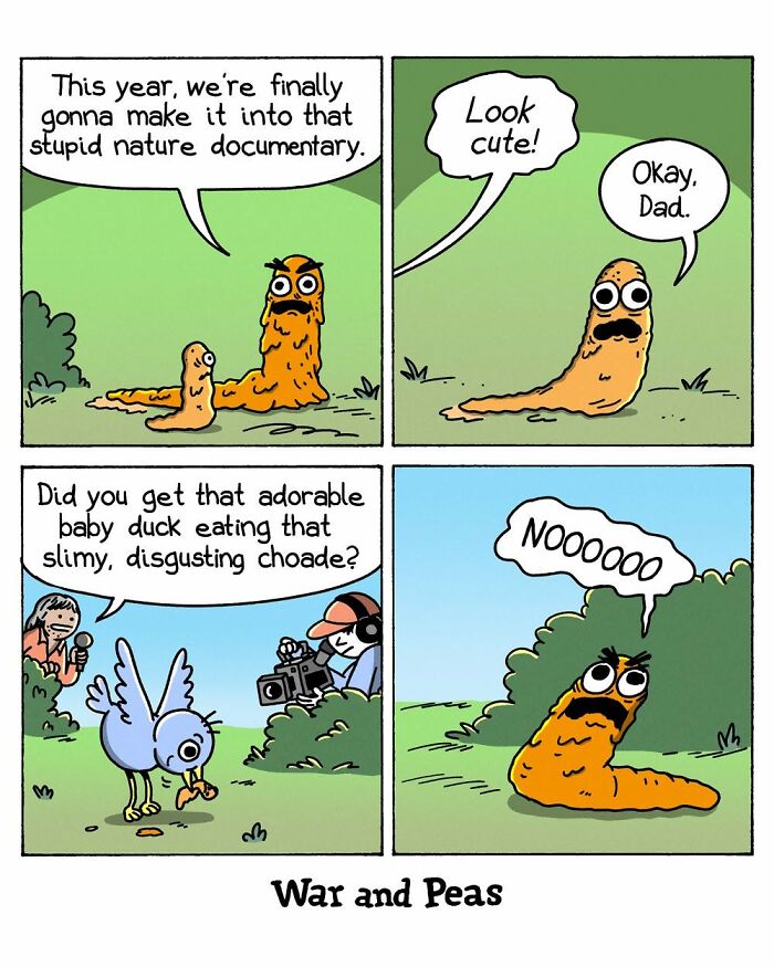 War and Peas comic about a worm excited to be in a nature documentary