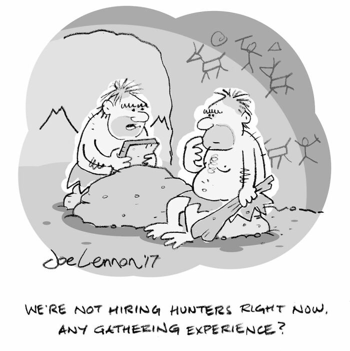 Caveman comic about hiring hunters and asking for gathering experience