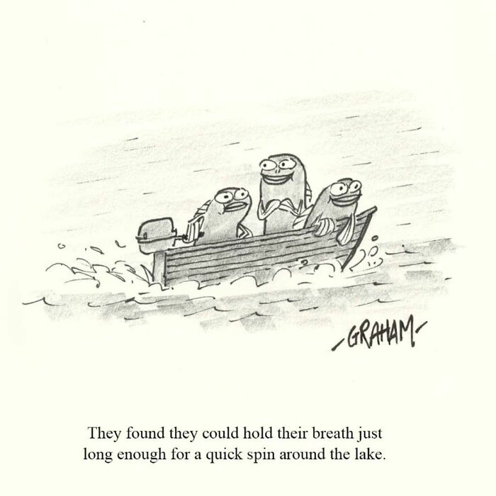 Subtle humor comic of fish holding their breath for a boat spin on the lake