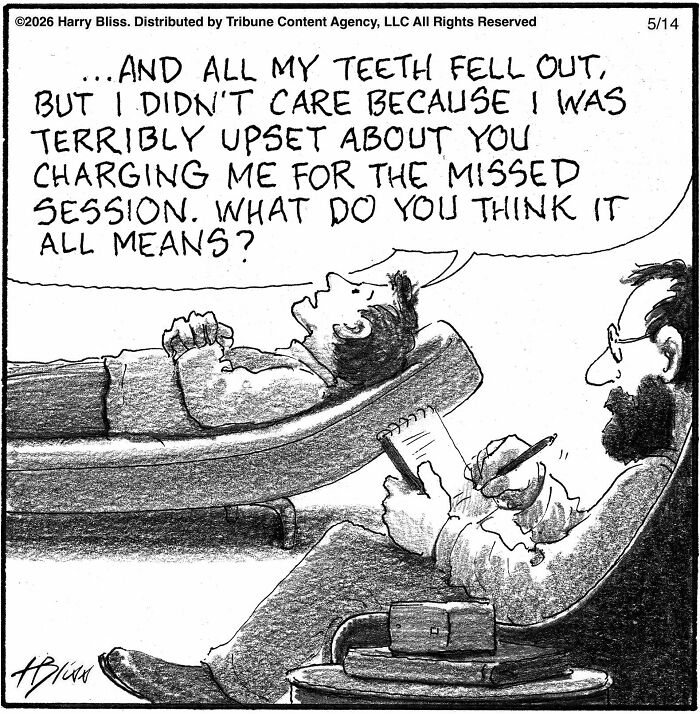 A New Yorker Magazine cartoonist's clever one-panel comic features a man on a therapist's couch discussing a dream.