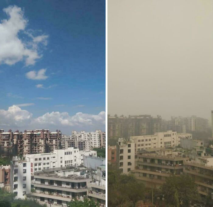 Side-by-side photo showing clear blue sky and dense smog over city buildings