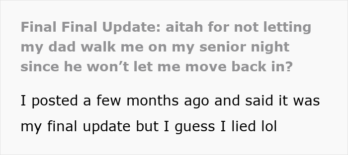 18YO Refuses To Have Dad Walk Her On Senior Night After He Held A Grudge Over One Stupid Argument 18YO Refuses To Have Dad Walk Her On Senior Night After He Held A Grudge Over One Stupid Argument
