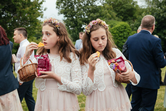 Champagne Taittinger Wedding Food Photographer: Twin Bridesmaids Enjoy Canapes Devon UK By Emma Stoner, United Kingdom