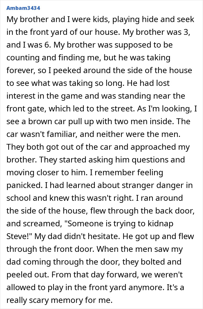 A childhood memory of gut feelings, two kids playing, and a scary encounter with strangers in a car.