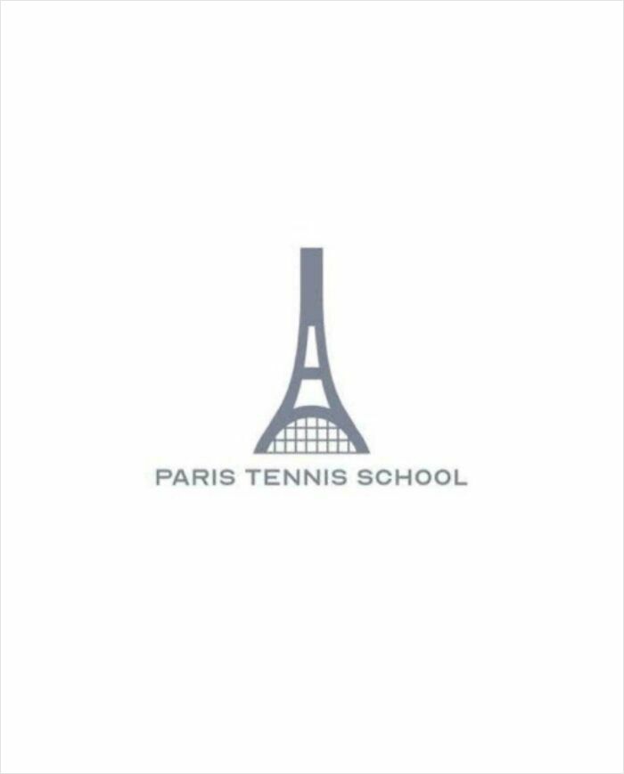 Minimalism Paris tennis school logo combining Eiffel Tower with tennis racket