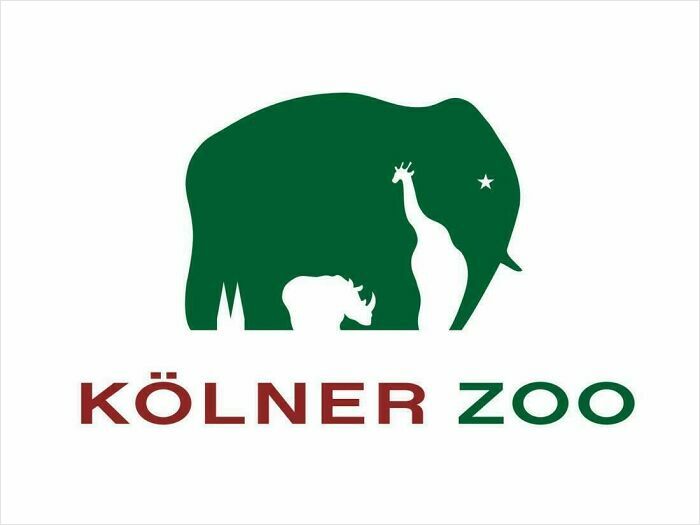 Minimalist Kölner Zoo logo featuring animal silhouettes in green and red