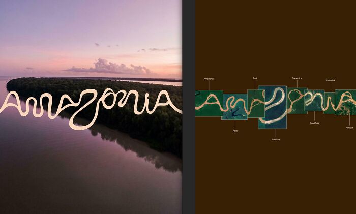 Amazonia river with minimalist typography integrating river shapes