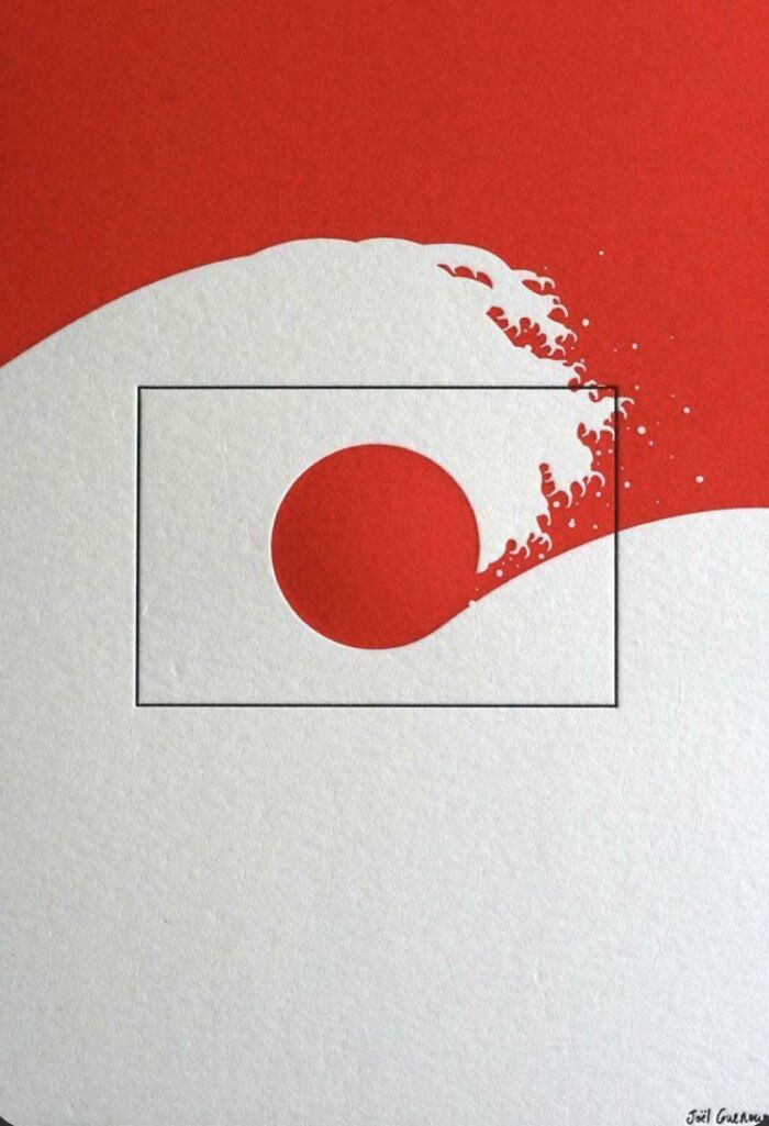 Minimalism artwork of Japanese flag with wave pattern in red and white