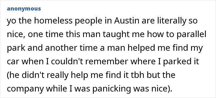 Friendly homeless people in Austin offer help and company in stressful moments