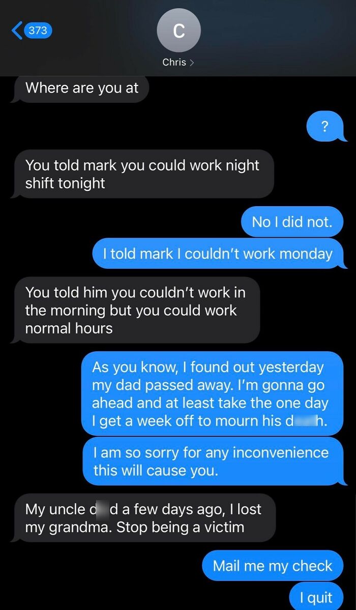 Screenshot of a text conversation with a boss showing a harsh response about mourning and quitting work
